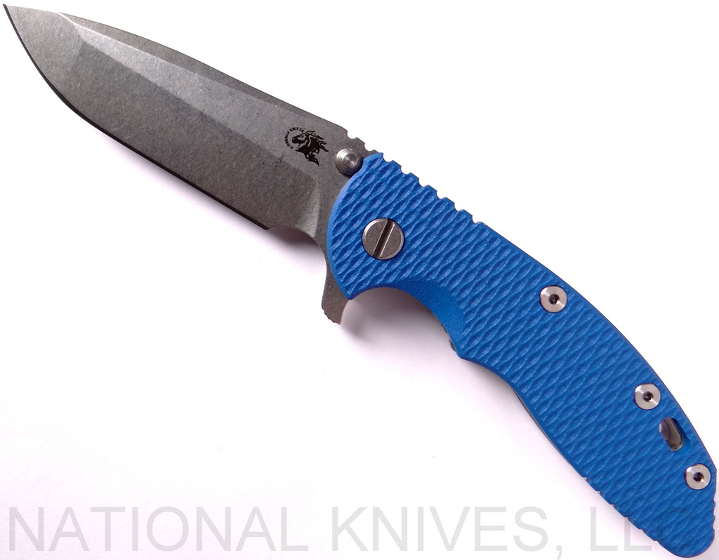 Rick Hinderer Knives XM-18 3.5" Spanto folding knife with thumb stud and flipper tab - shown open presentation side.  Stonewash 20CV stainless steel plain edge blade.  Blue G-10 handle with stonewash lock side.  Model K2002SGS00.