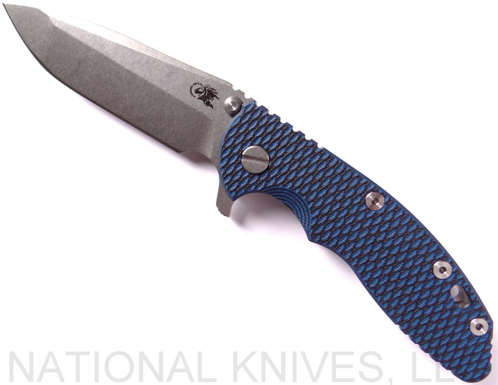 Rick Hinderer Knives XM-18 Spanto Folding Knife, Stonewash 3.5" Plain Edge 20CV Blade, Stonewash Lockside, Blue / Black G-10 Handle - Tri-Way Pivot