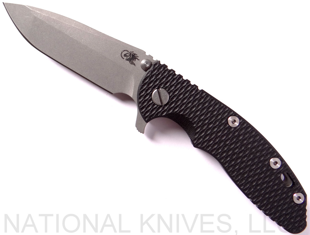 Rick Hinderer Knives XM-18 Spanto Folding Knife, Working Finish 3.5" Plain Edge 20CV Blade, Working Finish Lockside, Black G-10 Handle - Tri-Way Pivot