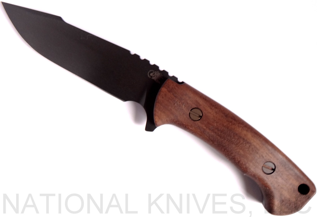 Rick Hinderer Knives Vintage Series The Ranch Harpoon Spanto fixed blade knife - shown out of sheath reverse.  Black O-1 steel plain edge blade.  Wood handle.  Model K605R2S0VT. 
For reference only.