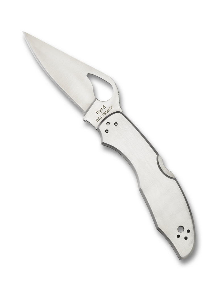 Byrd Knives Meadowlark 2 folding knife with thumb slot - shown open presentation side.  Satin 8Cr13MoV stainless steel plain edge blade.  Stainless steel handle.  Model BY04P2.