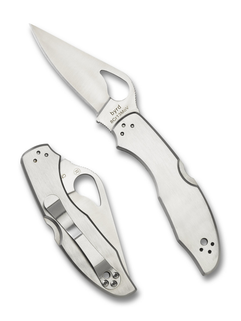 Byrd Knives Meadowlark 2 folding knife with thumb slot - shown both open presentation side and closed pocket clip side.  Satin 8Cr13MoV stainless steel plain edge blade.  Stainless steel handle.  Model BY04P2.
