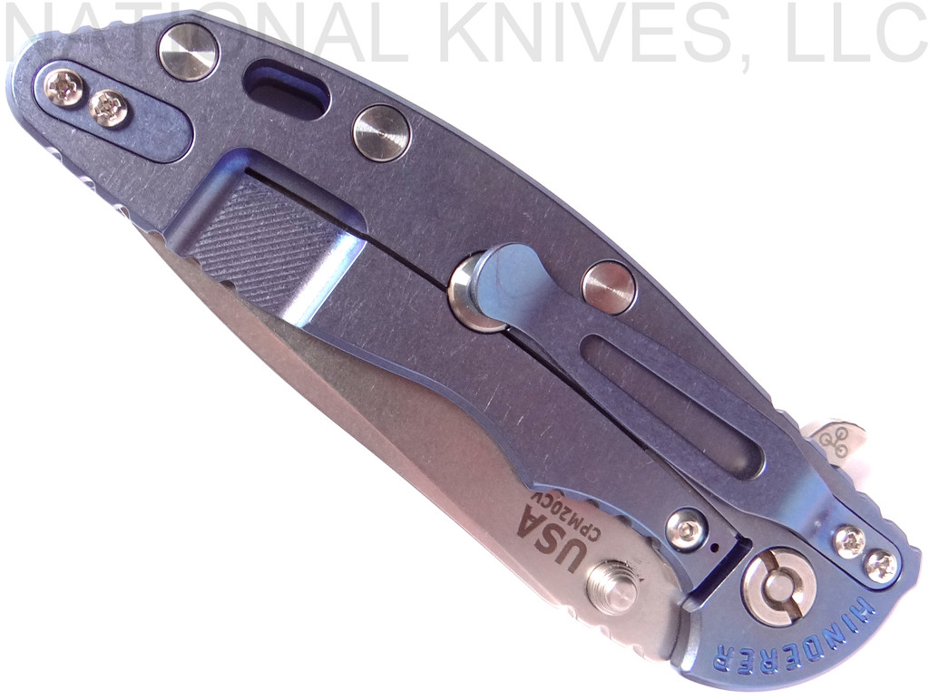 Rick Hinderer Knives XM-18 Spanto Folding Knife, Stonewash 3.5" Plain Edge 20CV Blade, Anodized Blue Lockside, Blue / Black G-10 Handle - Tri-Way Pivot