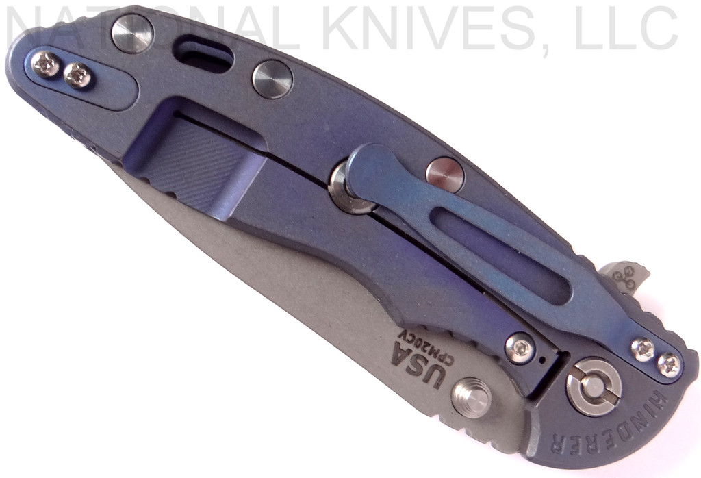 Rick Hinderer Knives XM-18 3.5" Spanto folding knife with thumb stud and flipper tab - shown closed lock side.  Working Finish 20CV stainless steel plain edge blade.  Blue - black G-10 handle with Battle Blue lock side.  Model K2002SGWBL.