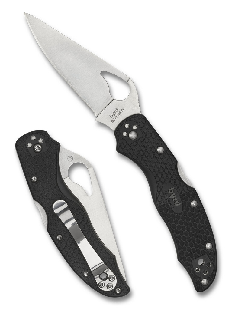 Byrd Harrier 2 folding knife with thumb slot - shown both open presentation side and closed pocket clip side.  Satin 8Cr13MoV stainless steel plain edge blade.  Black FRN handle.  Model BY01PBK2.