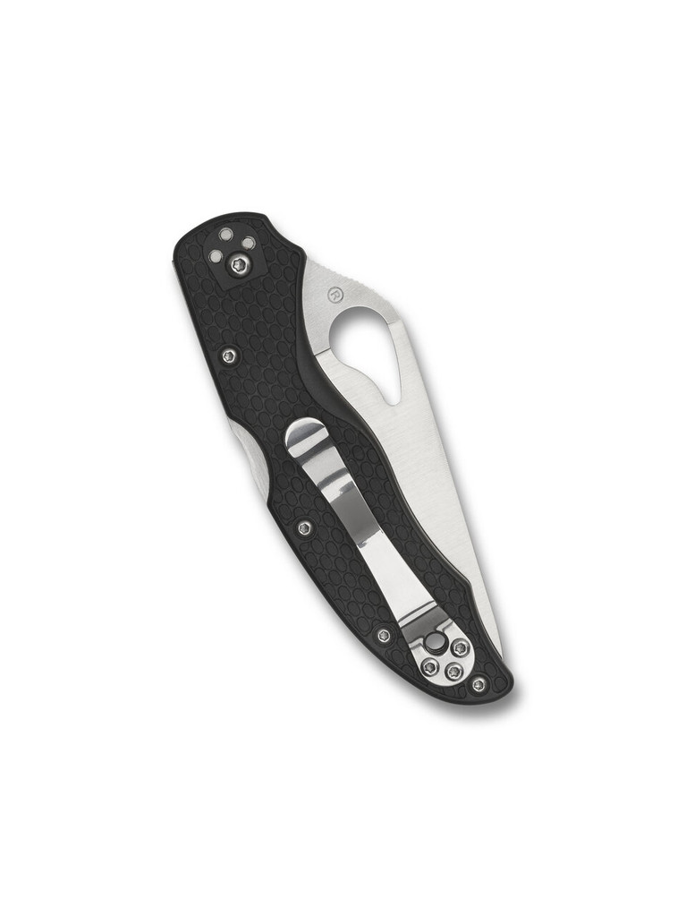 Byrd Harrier 2 folding knife with thumb slot - shown closed pocket clip side.  Satin 8Cr13MoV stainless steel combo edge blade.  Black FRN handle.  Model BY01PSBK2.
