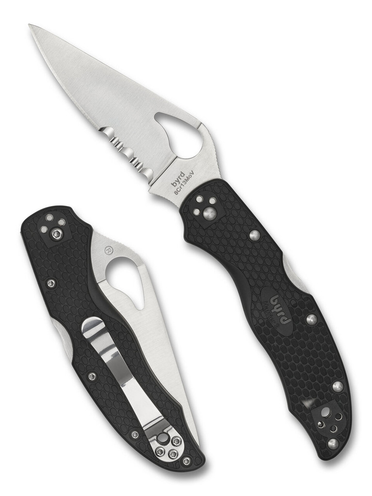 Byrd Harrier 2 folding knife with thumb slot - shown both open presentation side and closed pocket clip side.  Satin 8Cr13MoV stainless steel combo edge blade.  Black FRN handle.  Model BY01PSBK2.