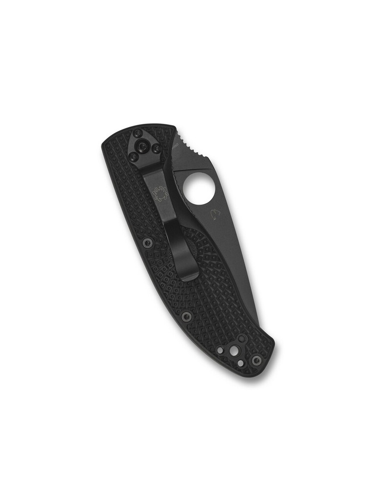 Spyderco Tenacious folding knife with thumb hole - shown closed pocket clip side.  Black 8Cr13MoV stainless steel plain edge blade.  Black FRN handle.  Model C122PBBK.