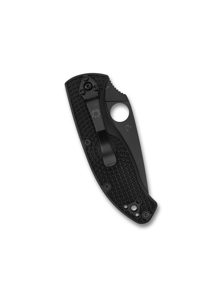 Spyderco Tenacious folding knife with thumb hole - shown closed pocket clip side.  Black 8Cr13MoV stainless steel combo edge blade.  Black FRN handle.  Model C122PSBBK.
