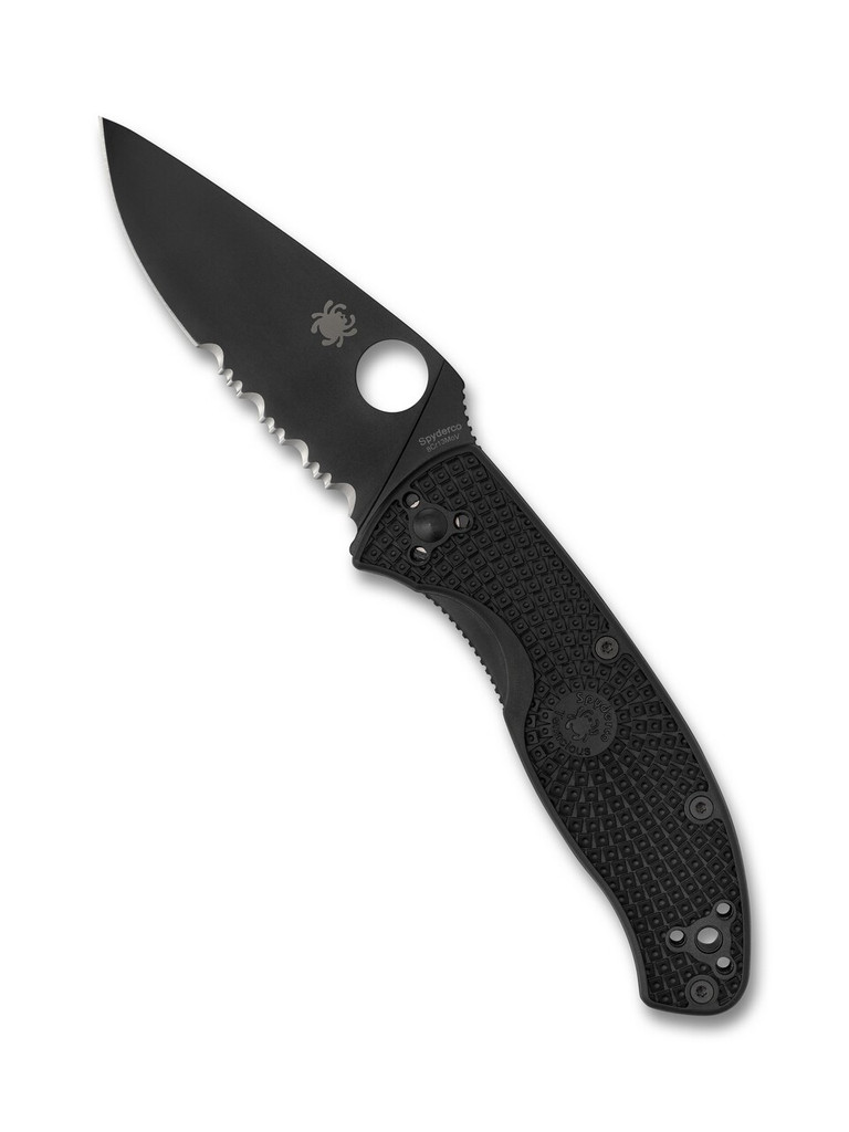 Spyderco Tenacious folding knife with thumb hole - shown open presentation side.  Black 8Cr13MoV stainless steel combo edge blade.  Black FRN handle.  Model C122PSBBK.
