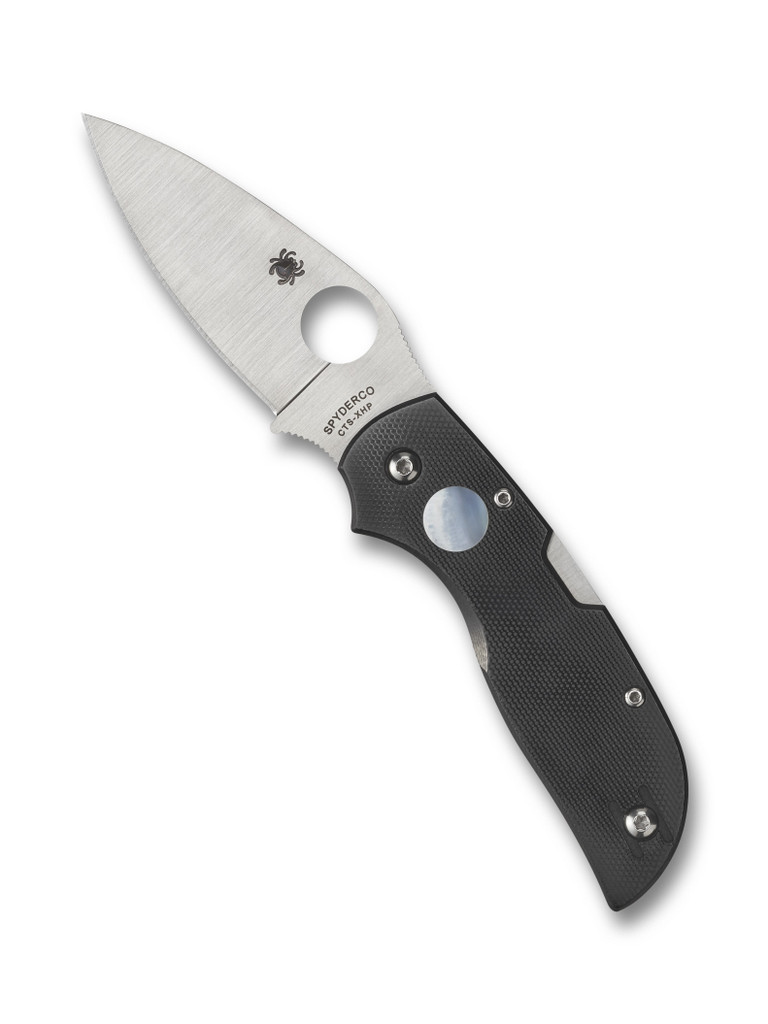 Spyderco Chaparral Sun & Moon folding knife with thumb hole - shown open presentation side.  Satin CTS-XHP stainless steel plain edge blade. Black and white G-10  handle.  Model C152GSMP.
For reference only.