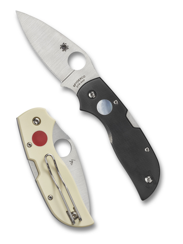 Spyderco Chaparral Sun & Moon folding knife with thumb hole - shown open presentation side and closed pocket clip side.  Satin CTS-XHP stainless steel plain edge blade. Black and white G-10  handle.  Model C152GSMP.
For reference only.