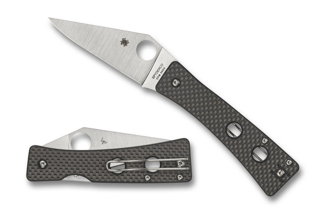 Spyderco Watu folding knife with thumb hole - shown open presentation side and closed pocket clip side.  Satin 20CV stainless steel plain edge blade.  Black carbon fiber and G-10 laminate handle.  Model C251CFP.