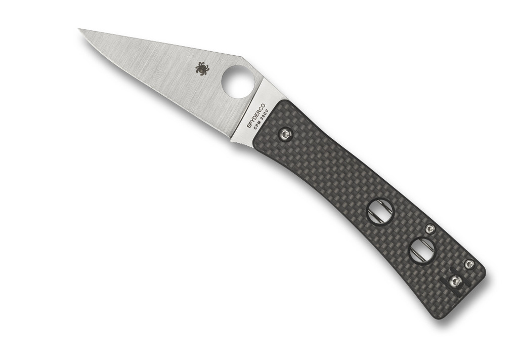 Spyderco Watu folding knife with thumb hole - shown open presentation side.  Satin 20CV stainless steel plain edge blade.  Black carbon fiber and G-10 laminate handle.  Model C251CFP.