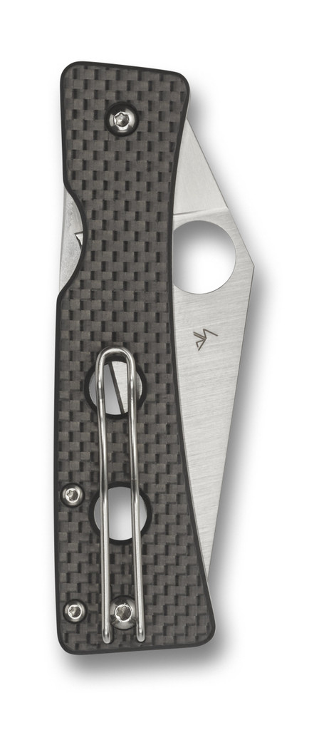 Spyderco Watu folding knife with thumb hole - shown closed pocket clip side.  Satin 20CV stainless steel plain edge blade.  Black carbon fiber and G-10 laminate handle.  Model C251CFP.