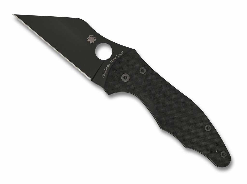 Spyderco Yojimbo 2 folding knife with thumb hole - shown open presentation side.  Black S30V stainless steel plain edge blade.  Black G-10 handle. Model C85GPBBK2.