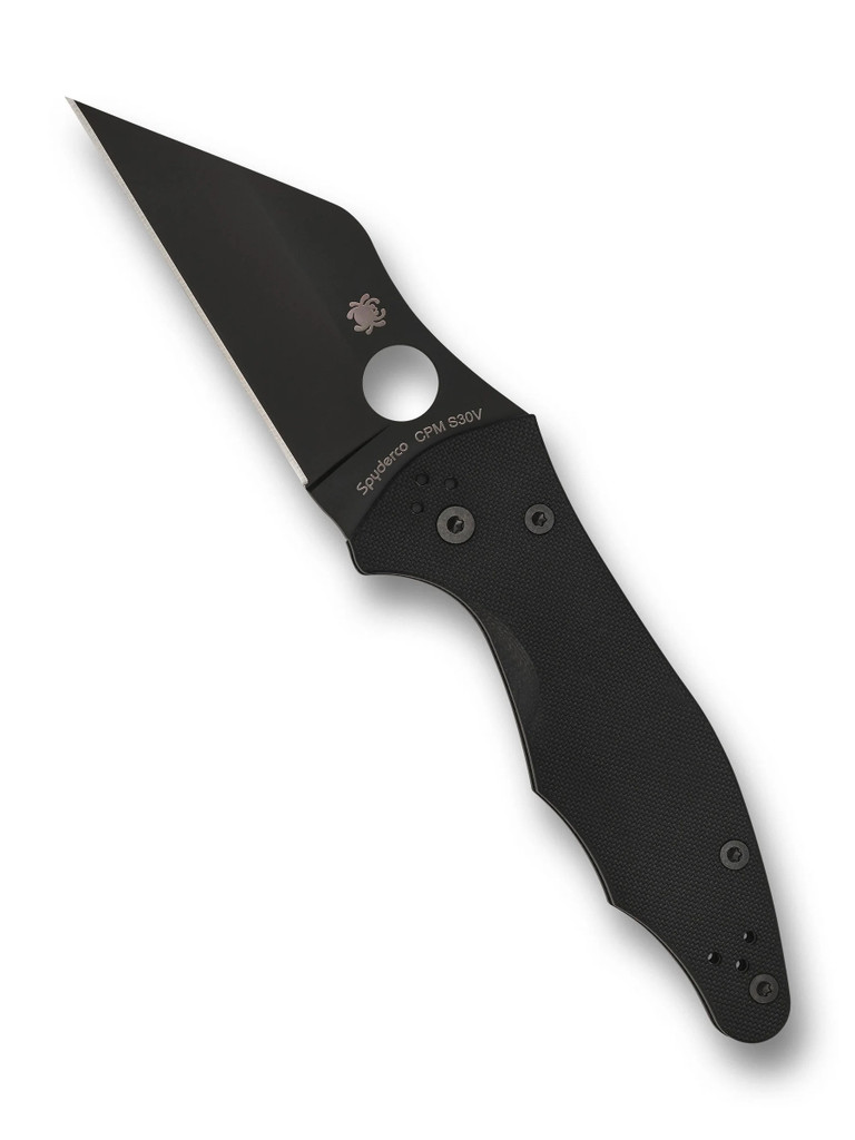 Spyderco Yojimbo 2 folding knife with thumb hole - shown open presentation side.  Black S30V stainless steel plain edge blade.  Black G-10 handle. Model C85GPBBK2.