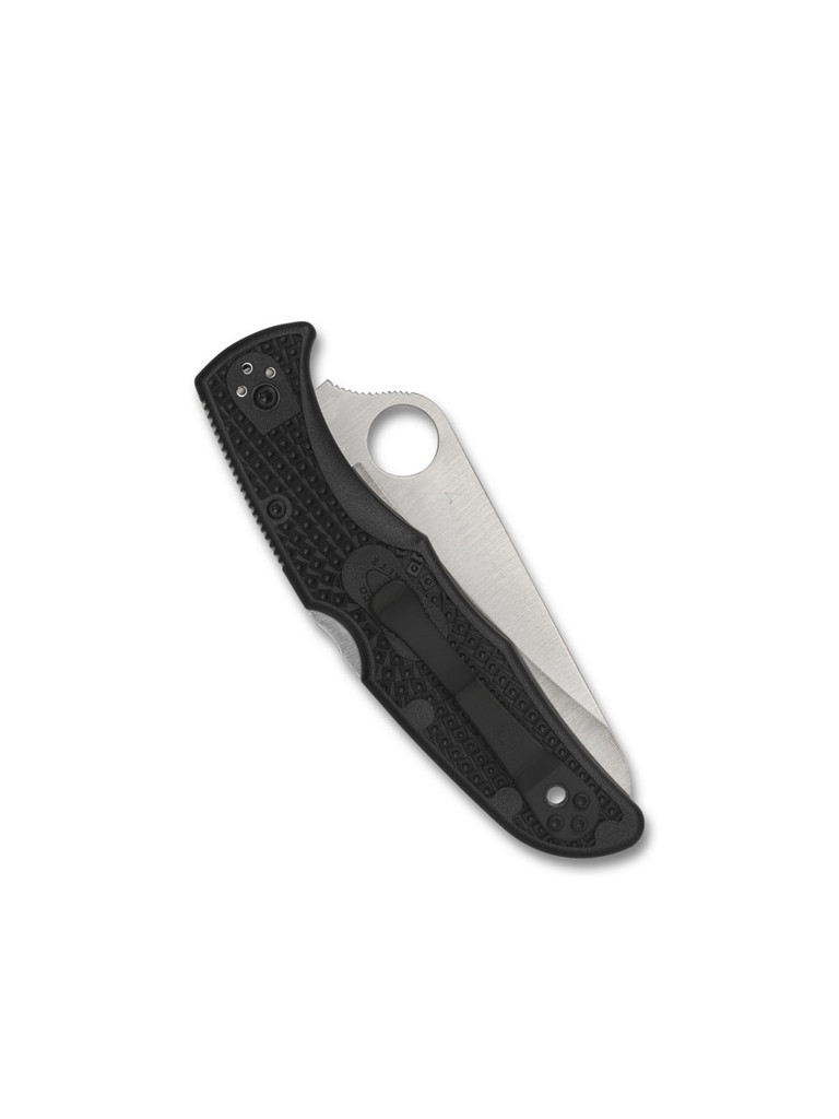 Spyderco Pacific Salt 2 folding knife with thumb hole - shown closed pocket clip side.  Satin H-2 stainless steel serrated edge blade.  Black FRN handle.  Model C91SBK2.