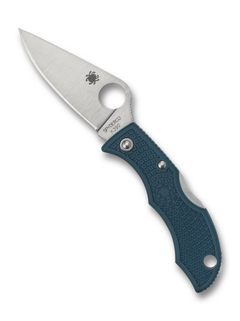 Spyderco Ladybug 3 folding knife with thumb hole - shown open obverse.  Satin K390 steel plain edge blade.  Blue FRN handle.  Model LFP3K390.