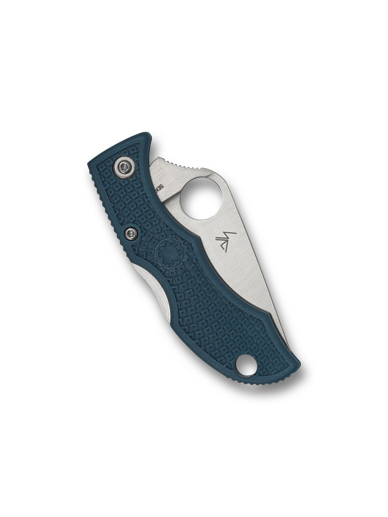 Spyderco Ladybug 3 folding knife with thumb hole - shown closed reverse.  Satin K390 steel plain edge blade.  Blue FRN handle.  Model LFP3K390.