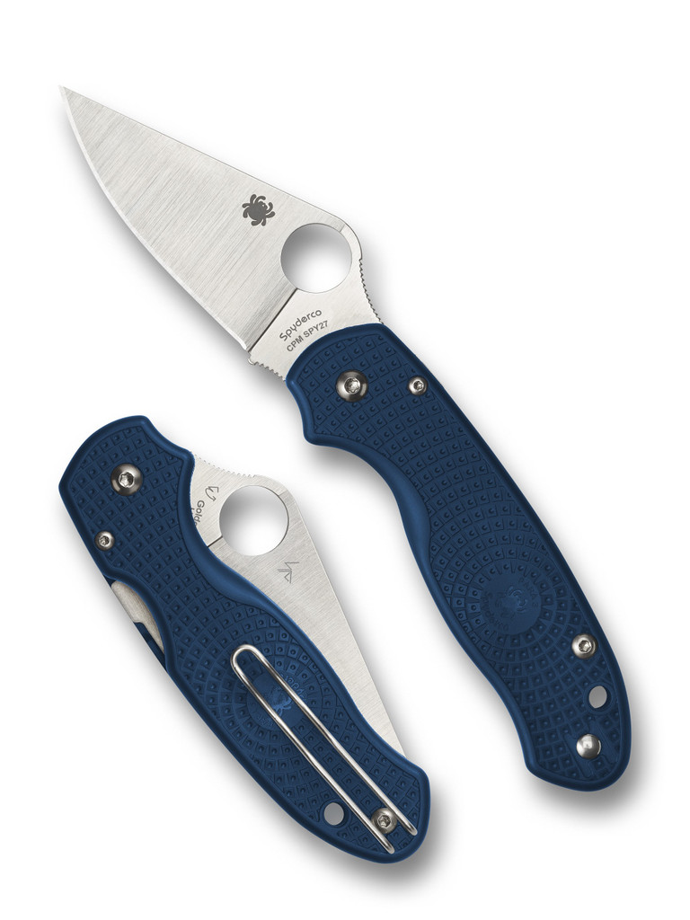 Spyderco Para 3 folding knife with thumb hole - shown open presentation side and closed pocket clip side.  Satin SPY27 stainless steel plain edge blade.  Blue FRN handle.  Model C223PCBL.