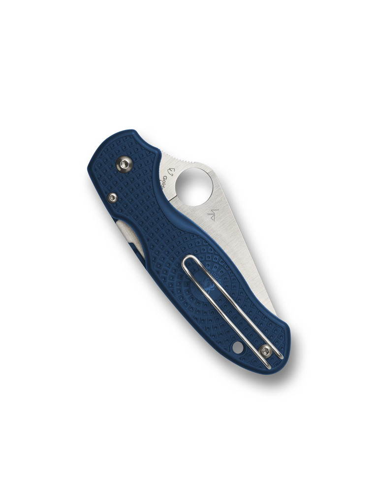 Spyderco Para 3 folding knife with thumb hole - shown closed pocket clip side.  Satin SPY27 stainless steel plain edge blade.  Blue FRN handle.  Model C223PCBL.