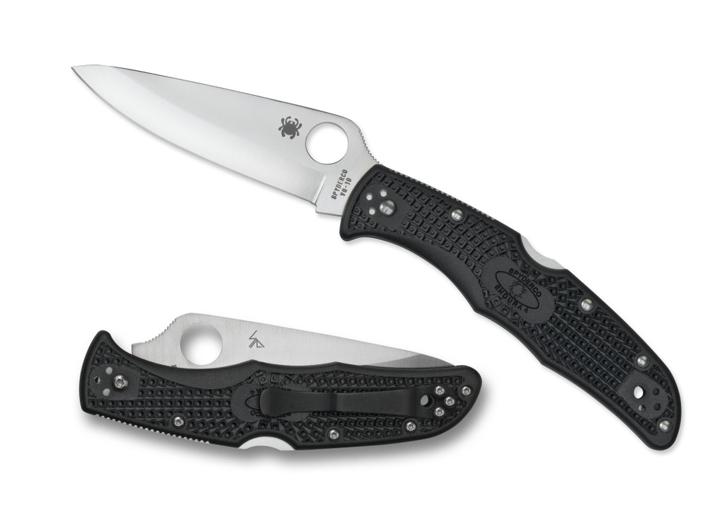 Spyderco Endura 4 folding knife with thumb hole - shown open presentation side and closed pocket clip side.  Satin VG-10 stainless steel, saber ground, plain edge blade.  Black FRN handle.  Model C10PBK.
