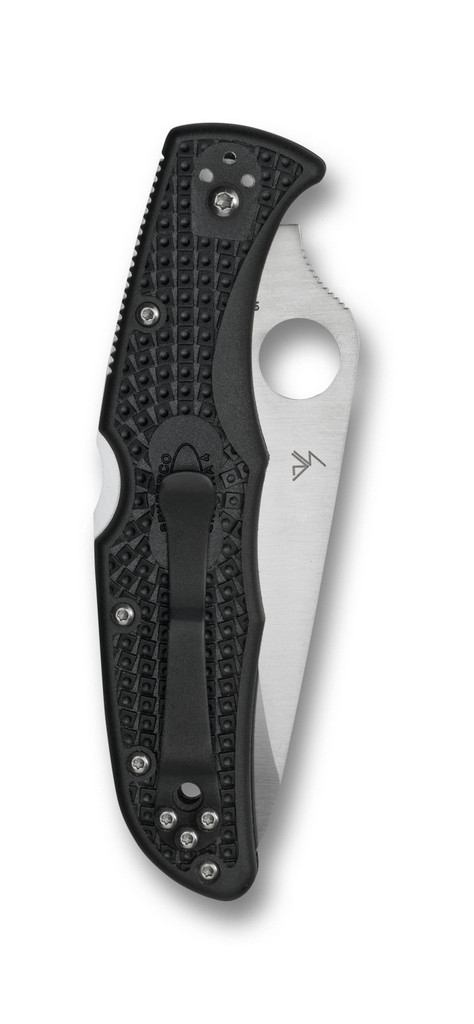 Spyderco Endura 4 folding knife with thumb hole - shown closed pocket clip side.  Satin VG-10 stainless steel, saber ground, plain edge blade.  Black FRN handle.  Model C10PBK.
