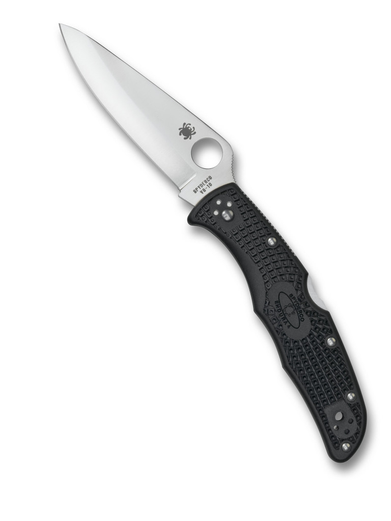Spyderco Endura 4 folding knife with thumb hole - shown open presentation side.  Satin VG-10 stainless steel, saber ground, plain edge blade.  Black FRN handle.  Model C10PBK.