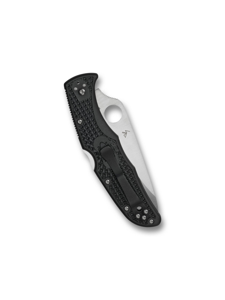 Spyderco Endura 4 folding knife with thumb hole - shown closed pocket clip side.  Satin VG-10 stainless steel, saber ground, plain edge blade.  Black FRN handle.  Model C10PBK.