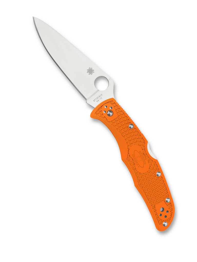 Spyderco Endura 4 folding knife with thumb hole - shown open presentation side.  Satin VG-10 stainless steel plain edge blade.  Orange FRN handle.  Model C10FPOR.
