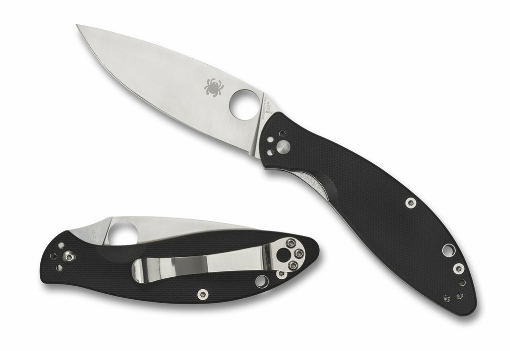 Spyderco Astute folding knife with thumb hole - shown open presentation side and closed pocket clip side.  Satin 8Cr13MoV stainless steel plain edge blade.  Black G-10 handle.  Model C252GP.