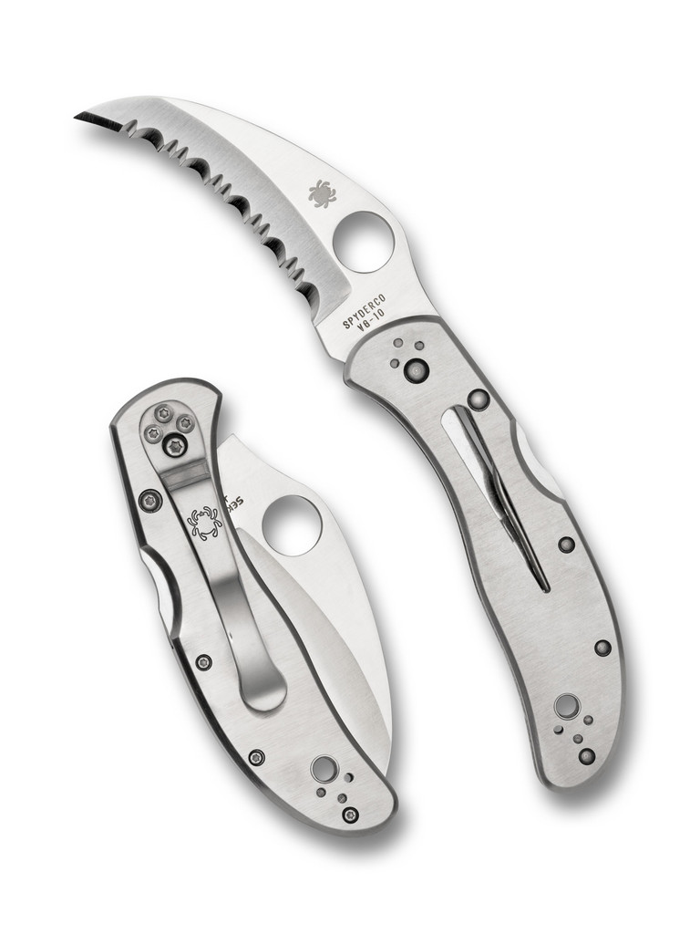 Spyderco Harpy folding knife with thumb hole - shown both open presentation side and closed pocket clip side.  Satin VG-10 stainless steel serrated edge blade.  Stainless steel handle.  Model C08S.