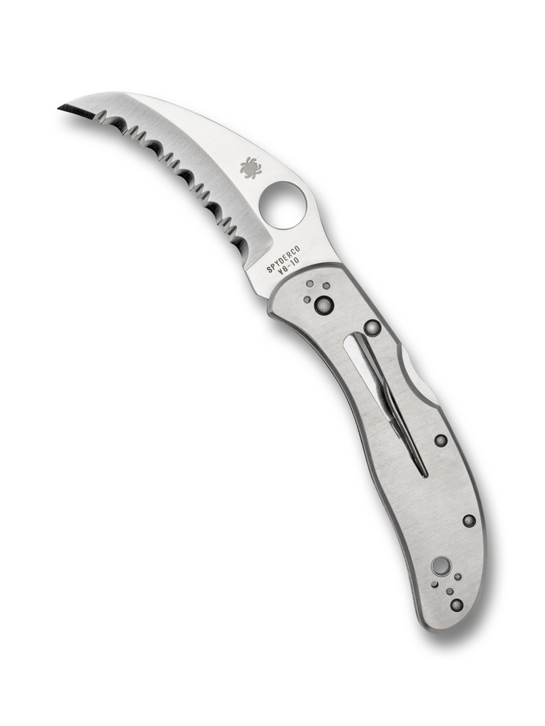 Spyderco Harpy folding knife with thumb hole - shown open presentation side.  Satin VG-10 stainless steel serrated edge blade.  Stainless steel handle.  Model C08S.