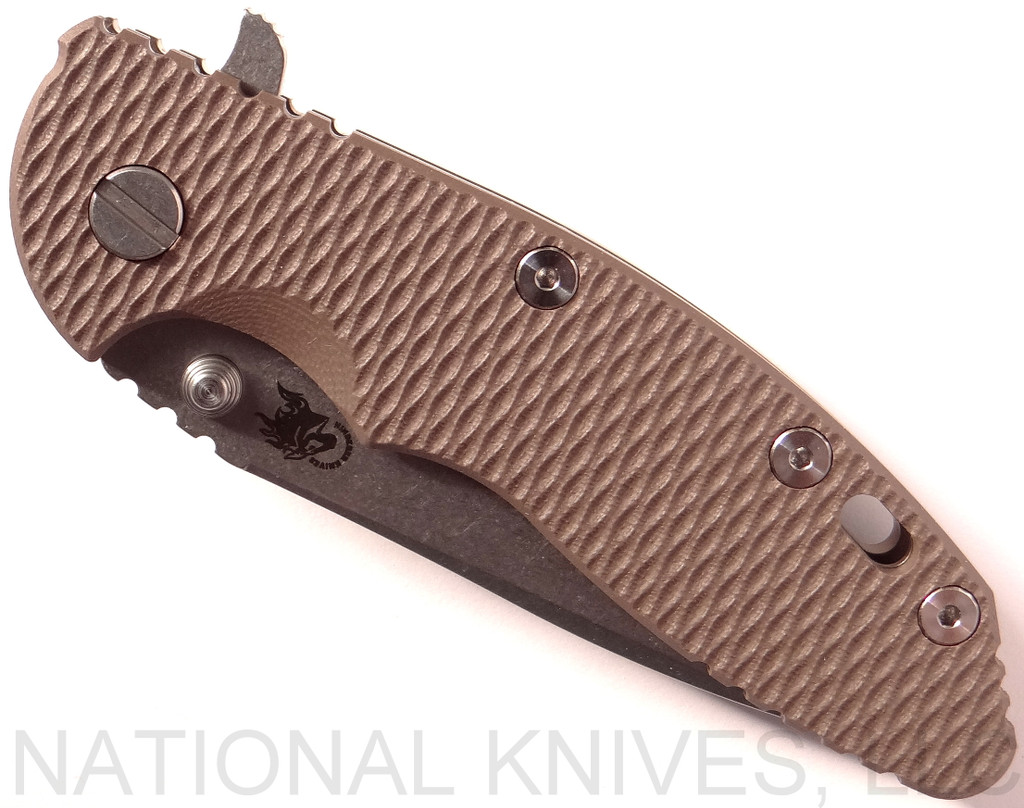 Rick Hinderer Knives XM-18 3.5" Spear Point folding knife with thumb stud and flipper tab - shown closed presentation side.  Stonewash 20CV stainless steel plain edge blade.  FDE G-10 handle with stonewash bronze lock side.  Model K2082SGS00.