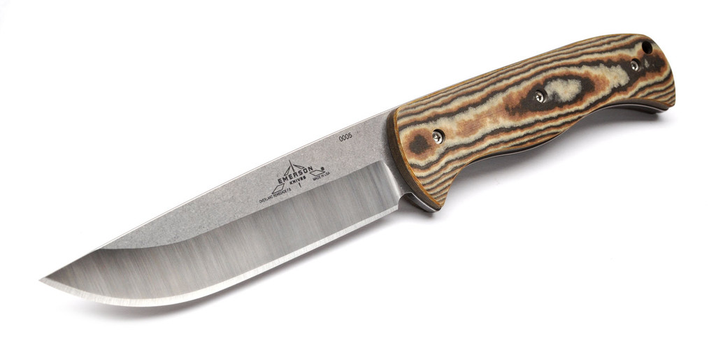 Emerson Knives Renegade fixed blade knife - shown out of sheath reverse.  Satin 154CM stainless steel plain edge blade.  Maple Richlite handle.  Model OVERLANDFX-REN-154CM-MPRCH.