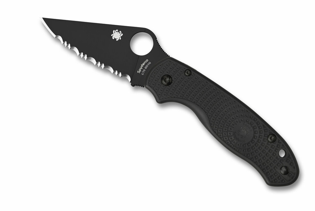 Spyderco Para 3 Salt folding knife with thumb hole - shown open presentation side.  Black CTS-BD1N stainless steel serrated edge blade.  Black FRN handle.  Model C223SBBK.