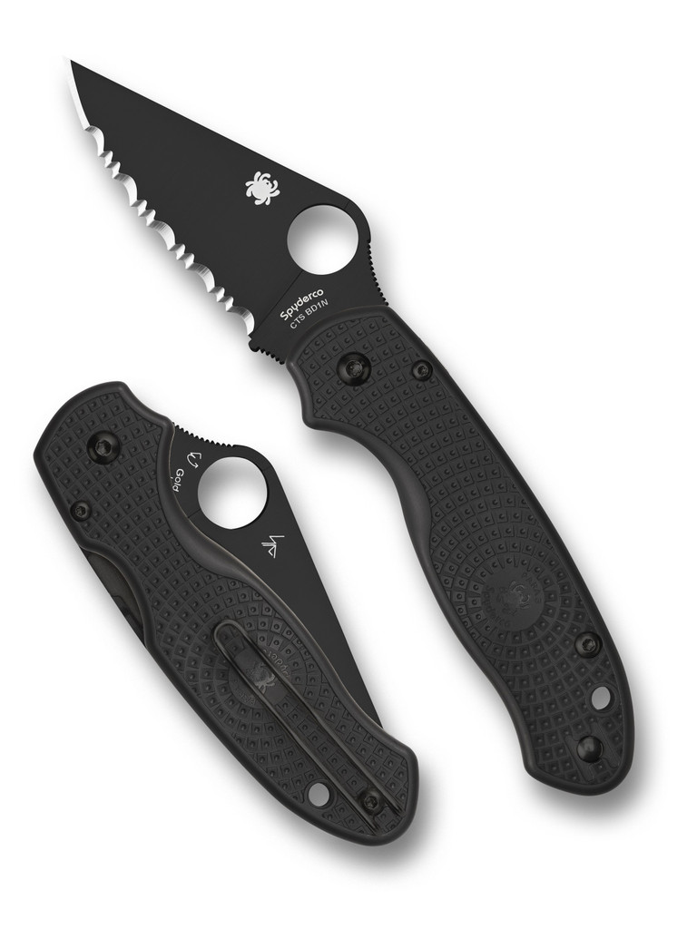 Spyderco Para 3 Salt folding knife with thumb hole - shown open presentation side and closed pocket clip side.  Black CTS-BD1N stainless steel serrated edge blade.  Black FRN handle.  Model C223SBBK.