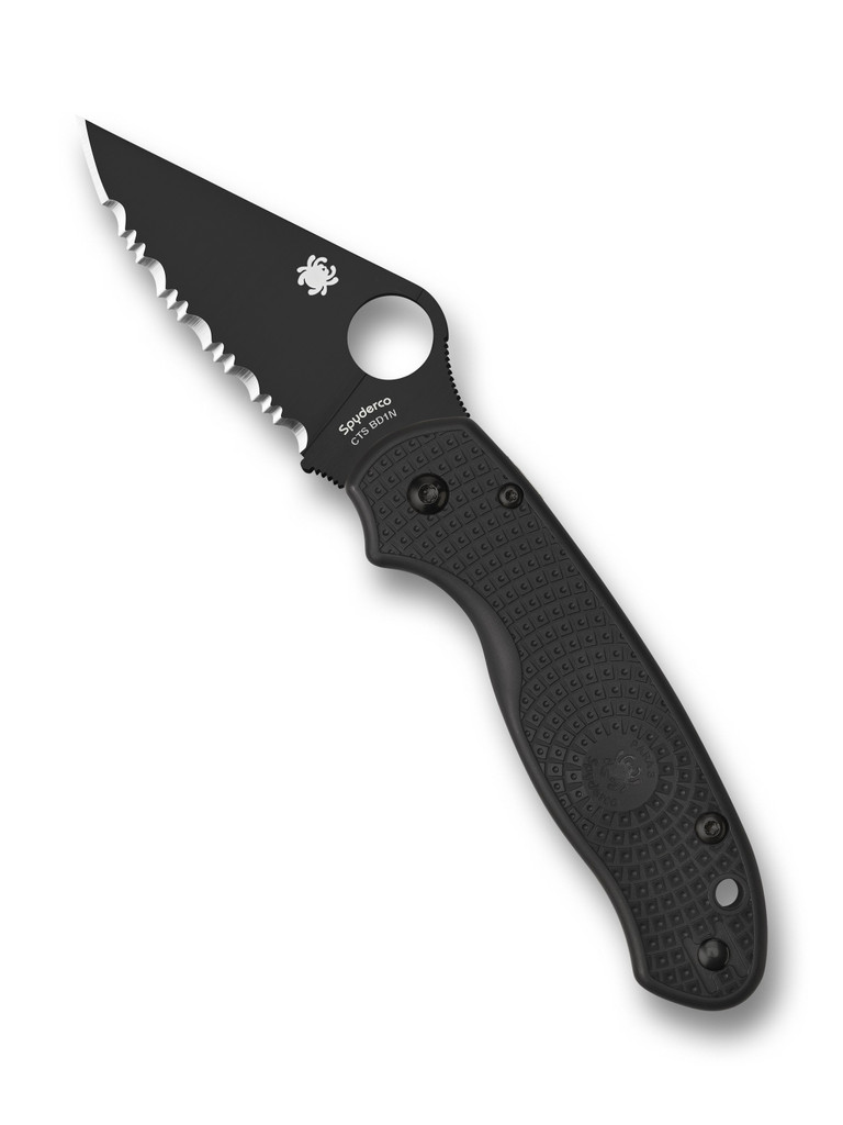 Spyderco Para 3 Salt folding knife with thumb hole - shown open presentation side.  Black CTS-BD1N stainless steel serrated edge blade.  Black FRN handle.  Model C223SBBK.