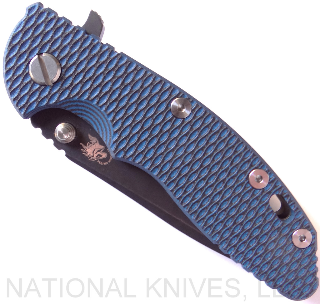 Rick Hinderer Knives XM-18 3.5" Spanto folding knife with thumb stud and flipper tab - shown closed presentation side.  Battle Black 20CV stainless steel plain edge blade.  Blue - Black G-10 handle with Battle Black lock side.  Model K2002SGDSW.