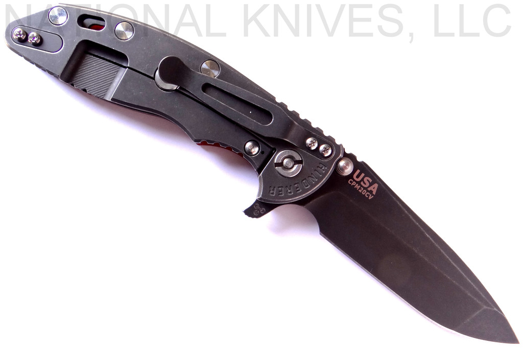 Rick Hinderer Knives XM-18 Spanto Folding Knife, Battle Black 3.5" Plain Edge 20CV Blade, Battle Black Lockside, Red G-10 Handle - Tri-Way Pivot