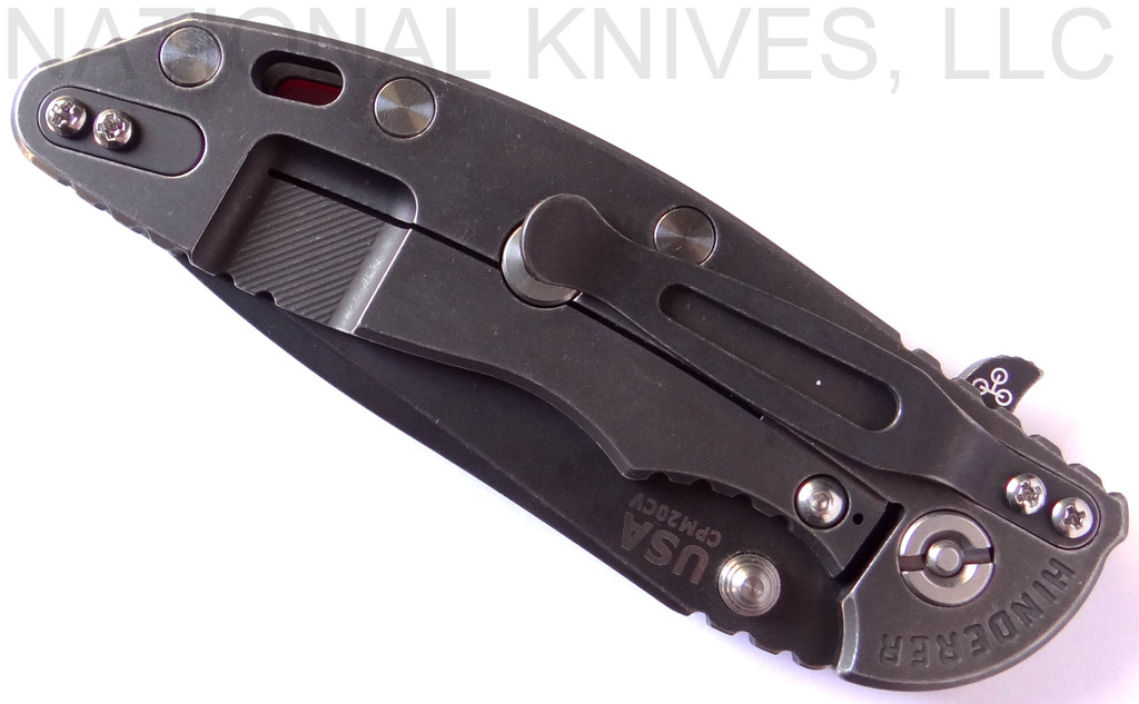 Rick Hinderer Knives XM-18 3.5" Spanto folding knife with thumb stud and flipper tab - shown closed lock side.  Battle Black 20CV stainless steel plain edge blade.  Red G-10 handle with Battle Black lock side.  Model K2002SGDSW.