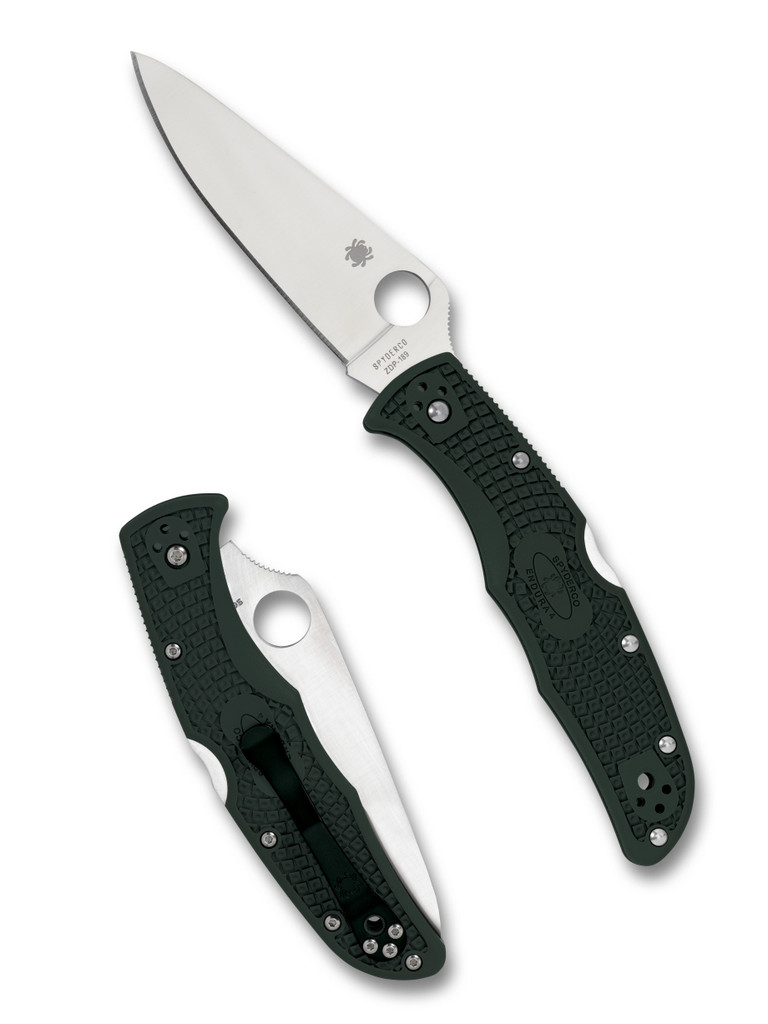 Spyderco Endura 4 folding knife with thumb hole - shown open presentation side and closed pocket clip side.  Satin ZDP-189 steel plain edge blade.  British Racing Green FRN handle.  Model C10PGRE.
For reference only.
