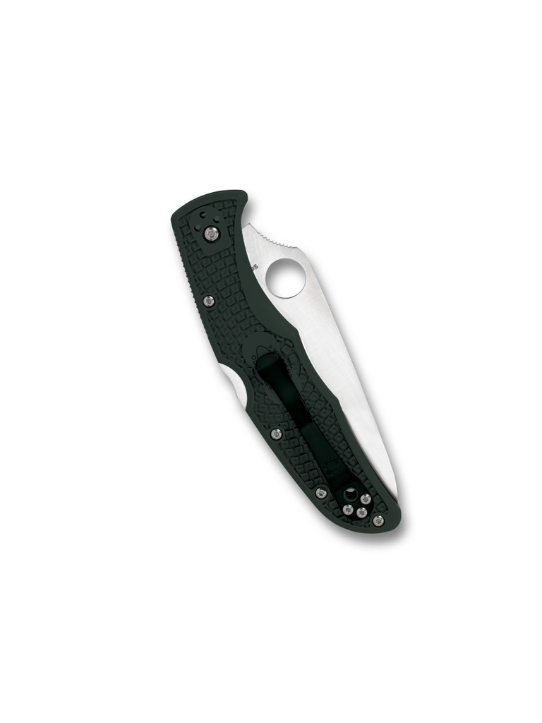 Spyderco Endura 4 folding knife with thumb hole - shown closed pocket clip side.  Satin ZDP-189 steel plain edge blade.  British Racing Green FRN handle.  Model C10PGRE.
For reference only.