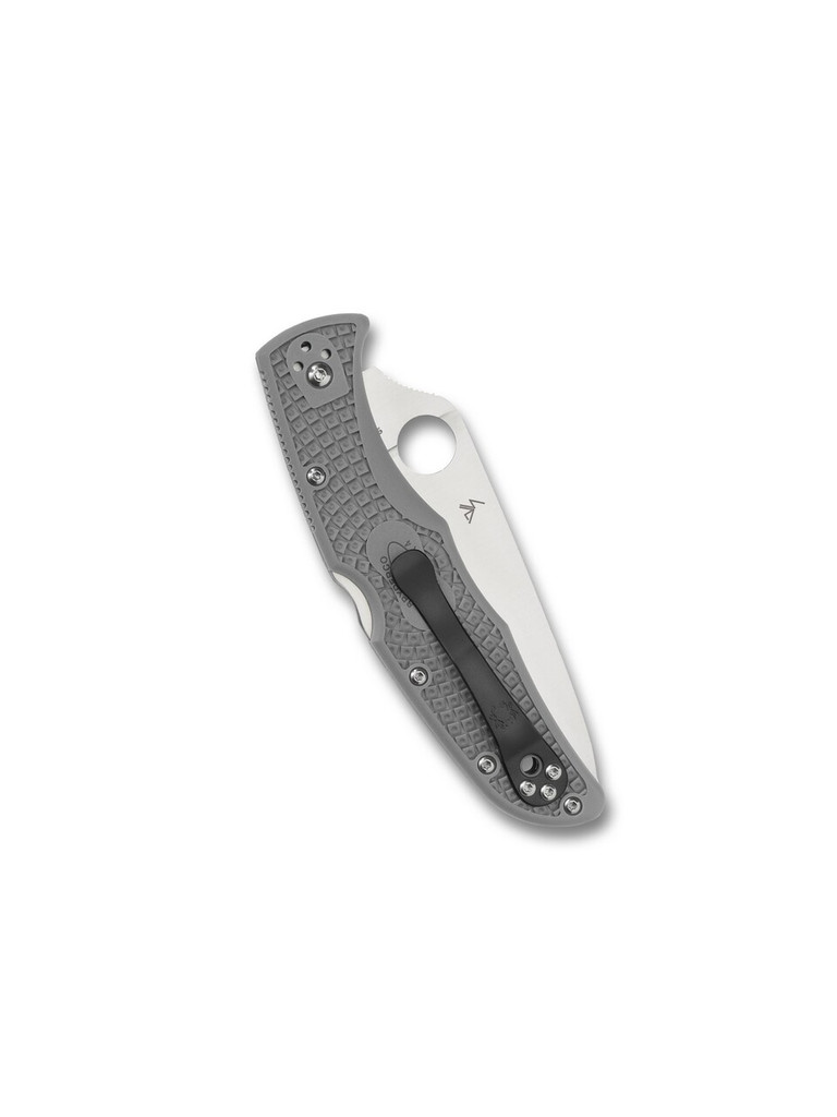 Spyderco Endura 4 folding knife with thumb hole - shown closed pocket clip side.  Satin VG-10 stainless steel plain edge blade.  Gray FRN handle.  Model C10FPGY.