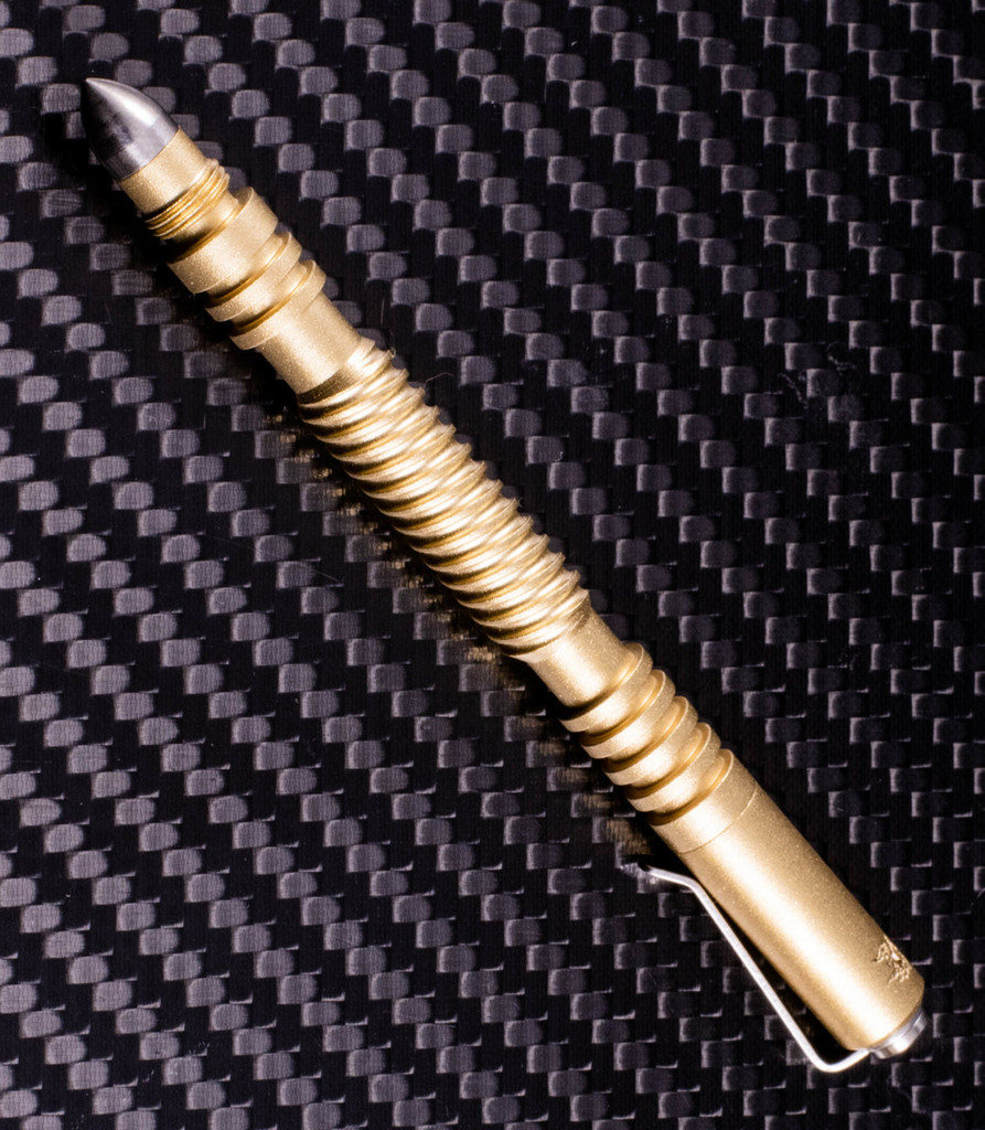 Rick Hinderer Knives Investigator ink pen - shown with cap on.  Spiral bead blasted brass construction.  Model P5801205BB.
