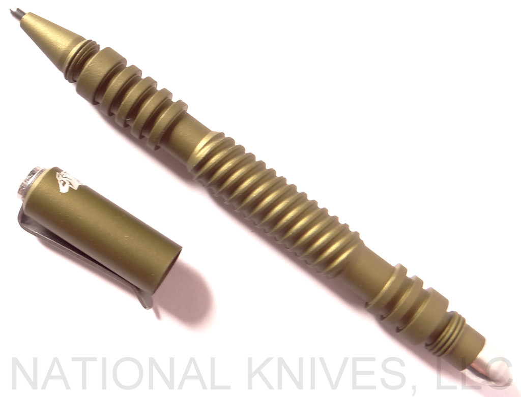 Rick Hinderer Knives Investigator ink pen - shown with cap off.  Spiral matte OD green aluminum construction.  Model P58012H4OD.
