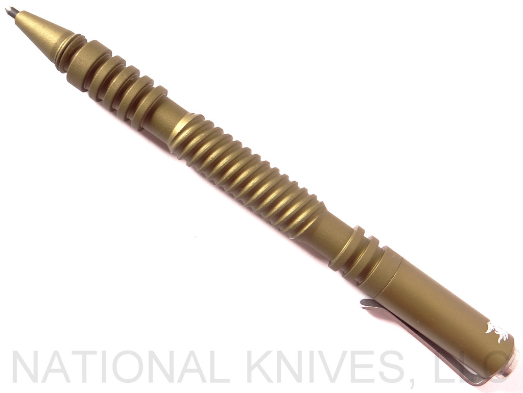 Rick Hinderer Knives Investigator ink pen - shown with cap attached to back.  Spiral matte OD green aluminum construction.  Model P58012H4OD.