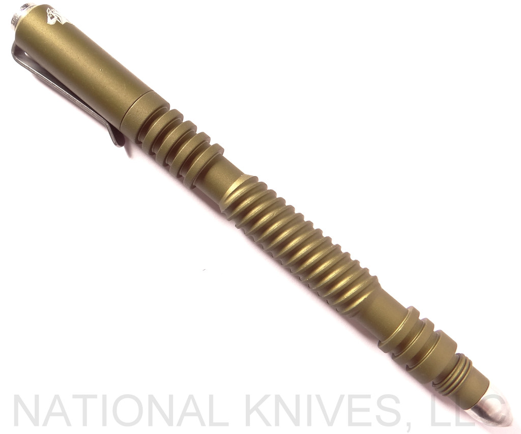 Rick Hinderer Knives Investigator ink pen - shown with cap on.  Spiral matte OD green aluminum construction.  Model P58012H4OD.
