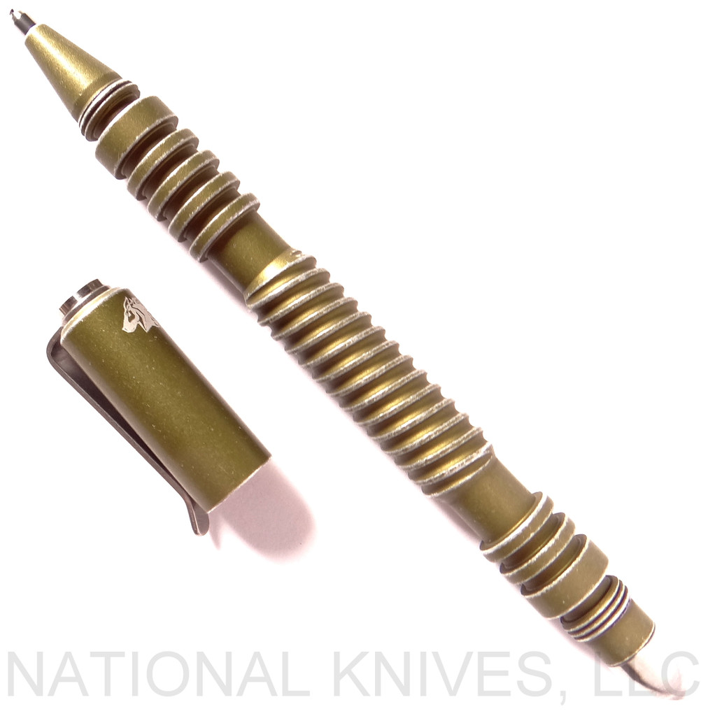 Rick Hinderer Knives Investigator ink pen - shown with cap off.  Spiral Battled OD Green aluminum construction.  Model P58012H4ODB.
